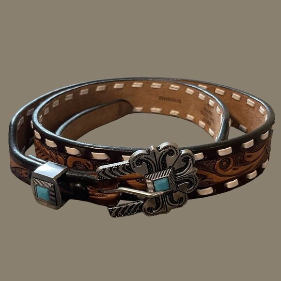 Angel Ranch Accessories - Angel Ranch Western Tooled Leather Womens Belt Rhinestone Size L Turquoise Brown